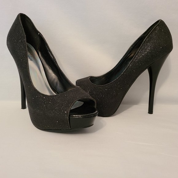 Shoes - Fusion Peep Toe Black Glittery 5 inch Heels